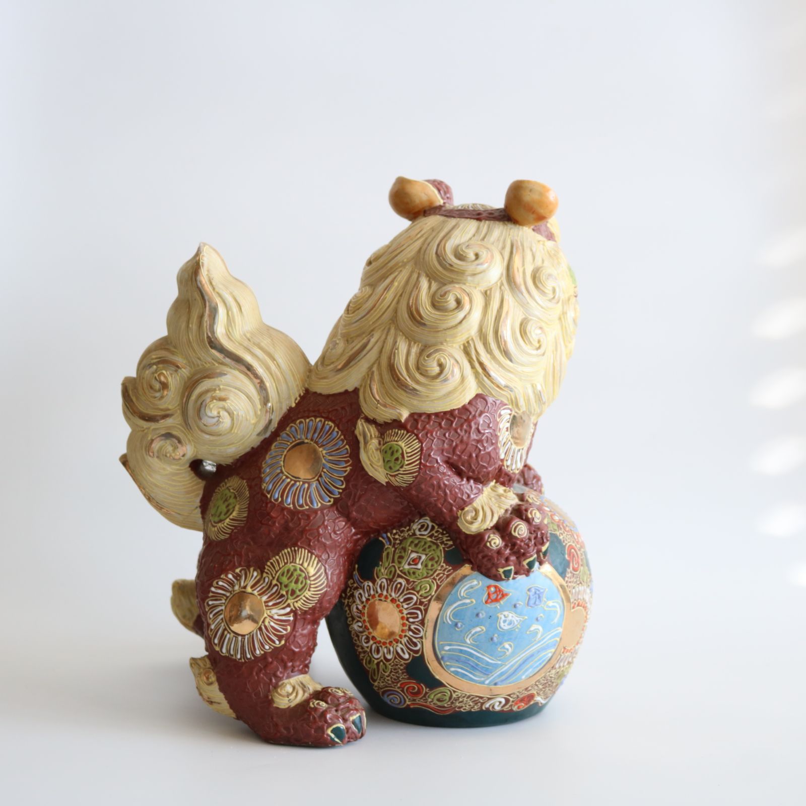 美品 九谷焼 シーサー 沖縄 琉球 狛犬 獅子 玉乗り獅子 狂犬