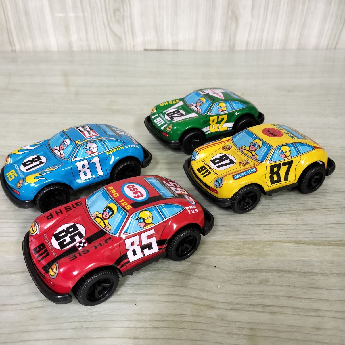 ブリキ ミニカー ポルシェ 4台セット 赤青緑黄 サイズ約cm長さ11