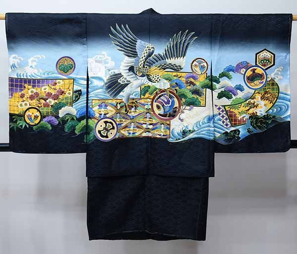 七五三 五歳 男児 羽織・着物・襦袢3点セット 綸子地 黒地 鷹 5歳