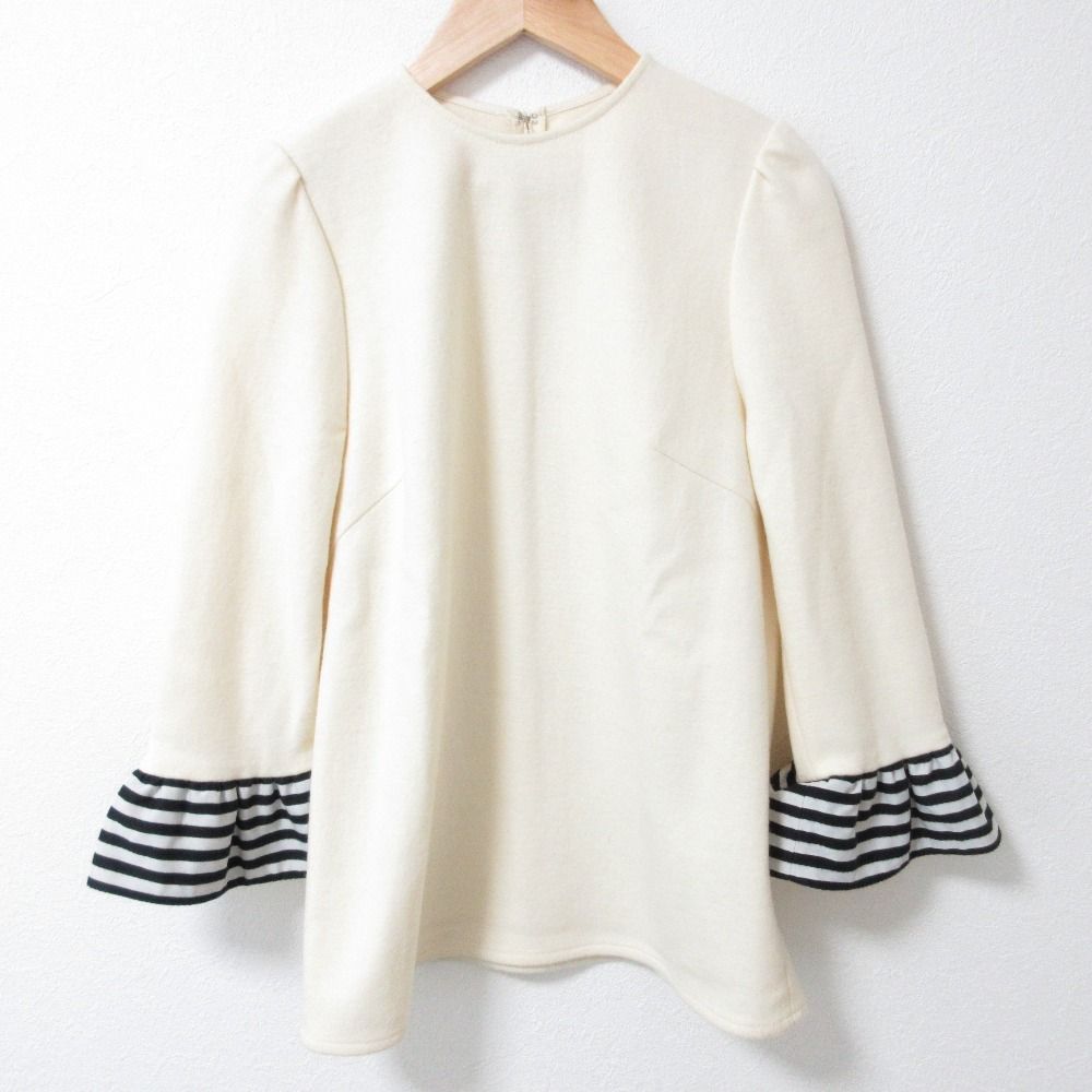 22AW BORDRES at BALCONY ボーダーズアットバルコニー BORDER CUFF WOOL TOP 圧縮ウール プルオーバー 36 オフホワイト レディース 古着