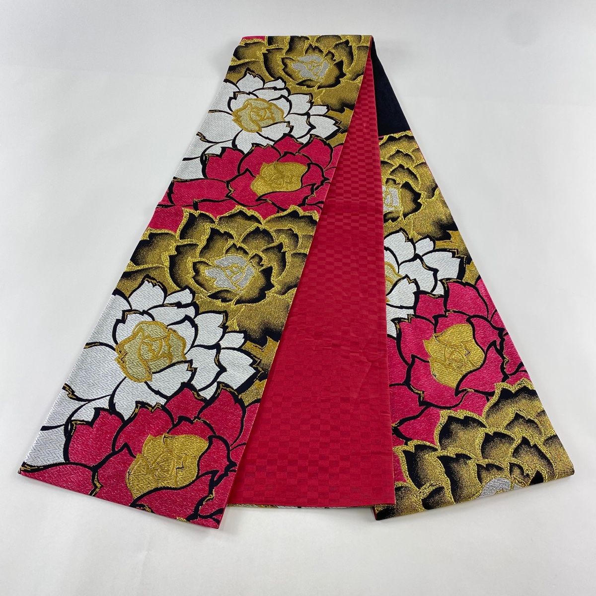 【秀品 美品振袖＋袋帯 2点セット】 74－1033 袋帯 美品 秀品 振袖向き 花 金糸 箔 濃ピンク 六通 正絹 【中古