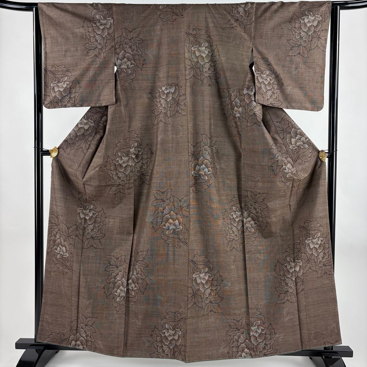 大島紬 身丈160.5cm 裄丈64cm M 袷 純泥染 証紙 草花 焦茶色 正絹 名品