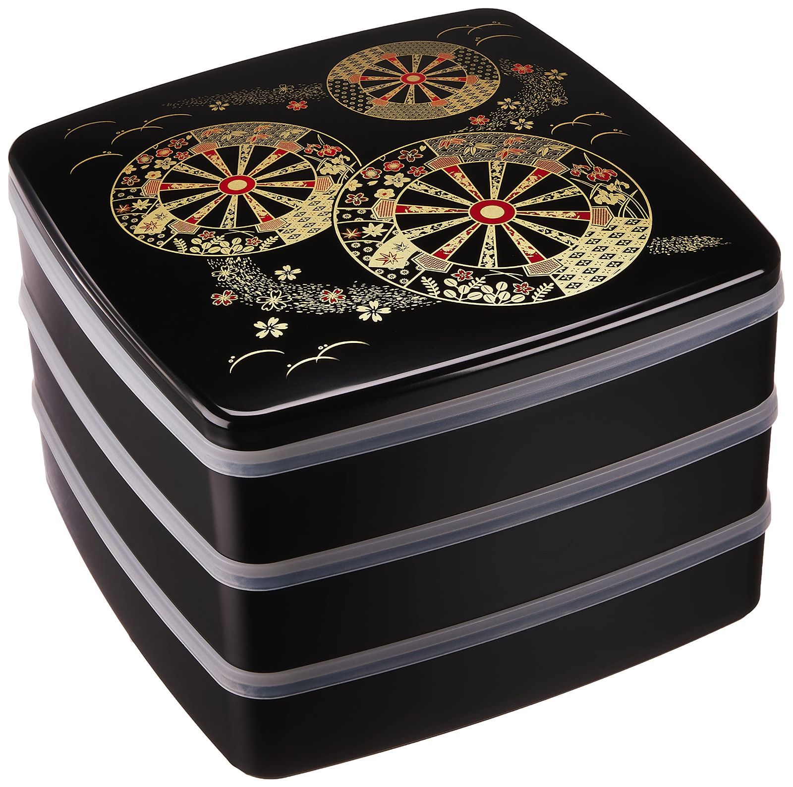 若泉漆器 3段重箱 8寸ニュー胴張重 黒 御所車 内黒 朱仕切12個付き パッキン中蓋3枚入 H-156-18