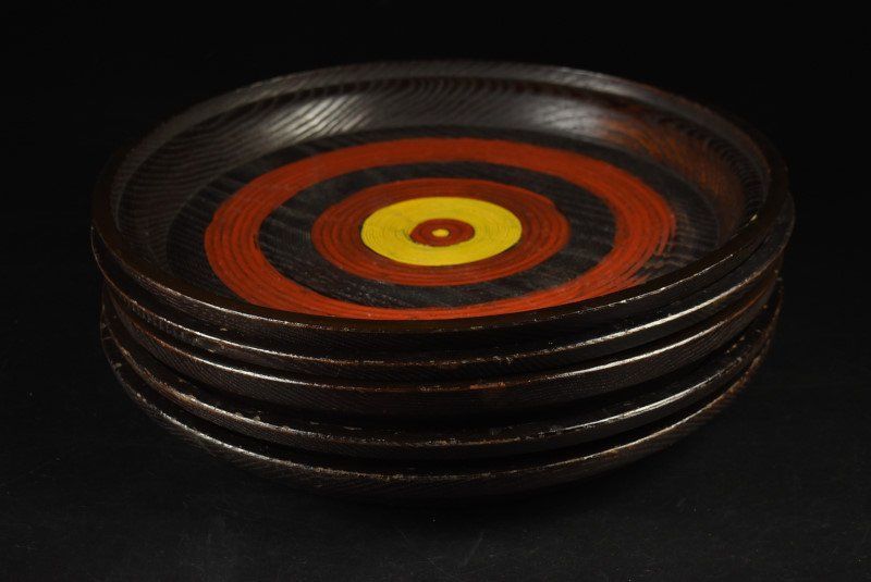 蔵A3595 時代 独楽盆 丸盆 会席盆 五客