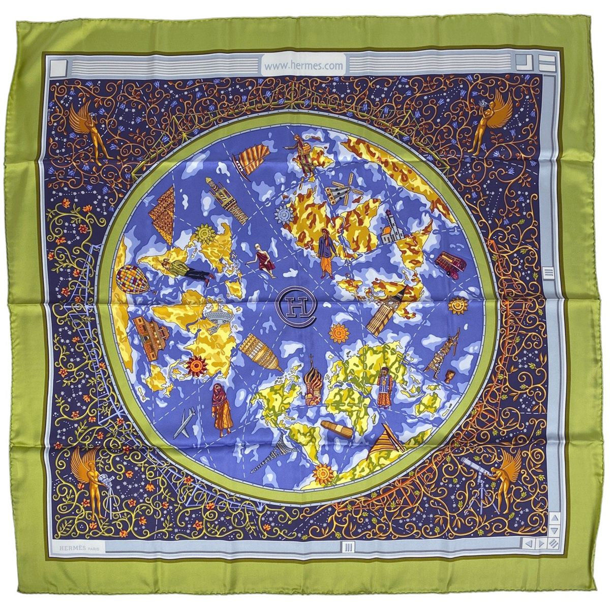 エルメス HERMES カレ 90 www.hermes.com 世界地図 スカーフ シルク グリーン レディース