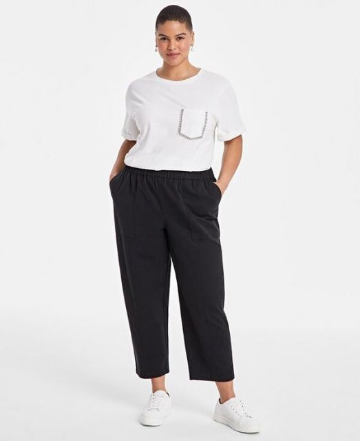 【送料無料】 On 34th レディース カジュアルパンツ ボトムス Trendy Plus Size Barrel-Leg Utility Pants Deep Black