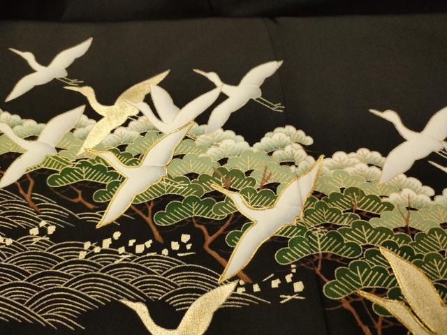 平和屋着物□豪華黒留袖 駒刺繍 飛鶴風景文 金彩 正絹 逸品
