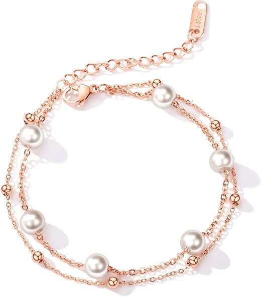 【在庫処分】ブレスレット レディース ピンクゴールド 18k チタン 金属アレルギー対応 数珠 パール真珠 あずきチェーンブレスレット ピンクゴールド 18k サイズ調整可能 二連ブレスレット 記