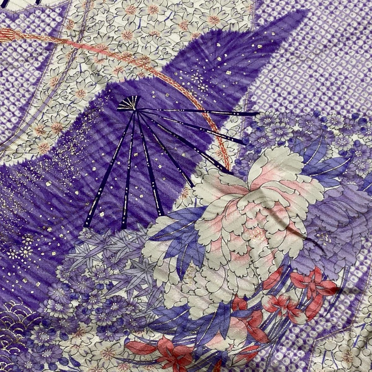 反物 秀品 小紋 花扇 梅 金彩 薄紫 正絹