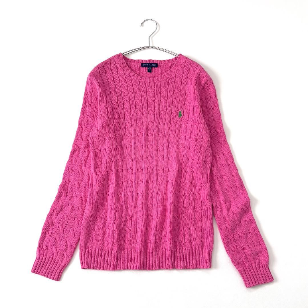 極美品♡ラルフローレン　ケーブルニット　カーディガン　ロゴ　刺繍　ピンク　S相当 極美品 POLO RALPH LAUREN ポロラルフローレン ケーブルニット