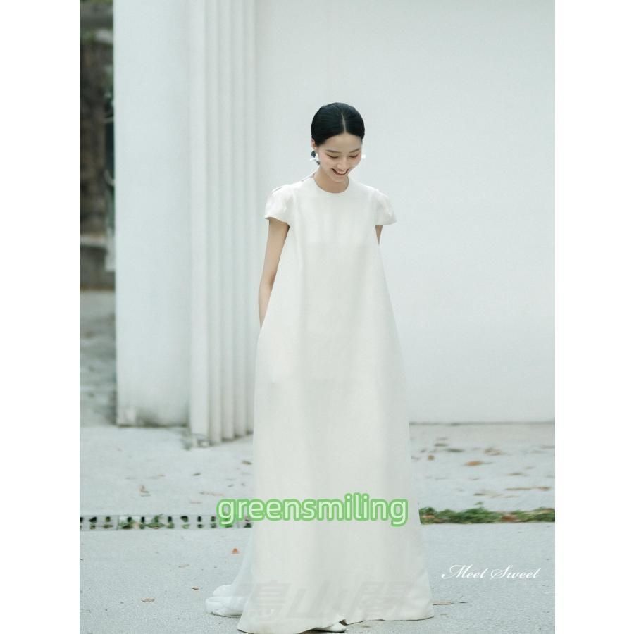  ウェディングドレス ロングドレス スレンダーライン 半袖 シンプル 韓国風 二次会 結婚式 前撮り 花嫁 ウエディングドレス サテン 挙式 ブWP数量 価格926 パーティードレス ドレス ブライダル