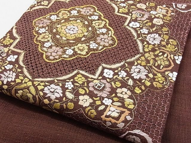 平和屋-こころ店□極上 太鼓柄袋帯 紬地 総刺繍 正倉院花文 金糸 正絹