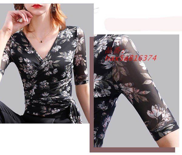 在庫一掃処分！ 社交ダンス衣装 トップス ダンス 衣装 ブラウス ストレッチ着 舞台 花柄 レッスンウェア 五分袖 ラテン Vネック モダン ステージ衣装 hax5a816374 新発売