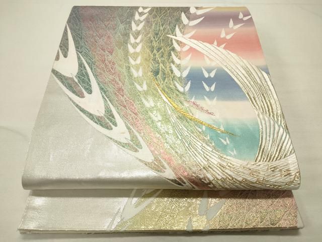 平和屋着物○博多織 鵬翔 全通柄袋帯 ふくれ織 舞蝶文 金銀糸 正絹  