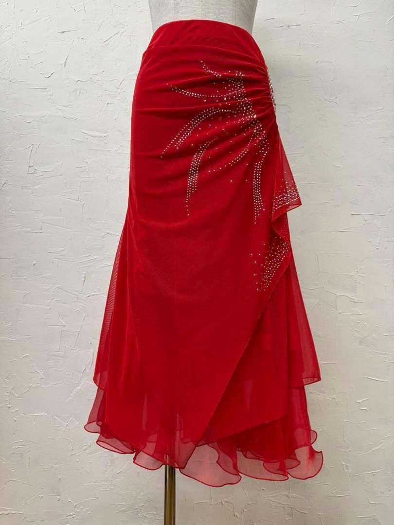 赤　新品　ラインストーン　社交ダンス　フレアーデザインスカートd035 赤 新品 ラインストーン 社交ダンス フレアーデザインスカートd035