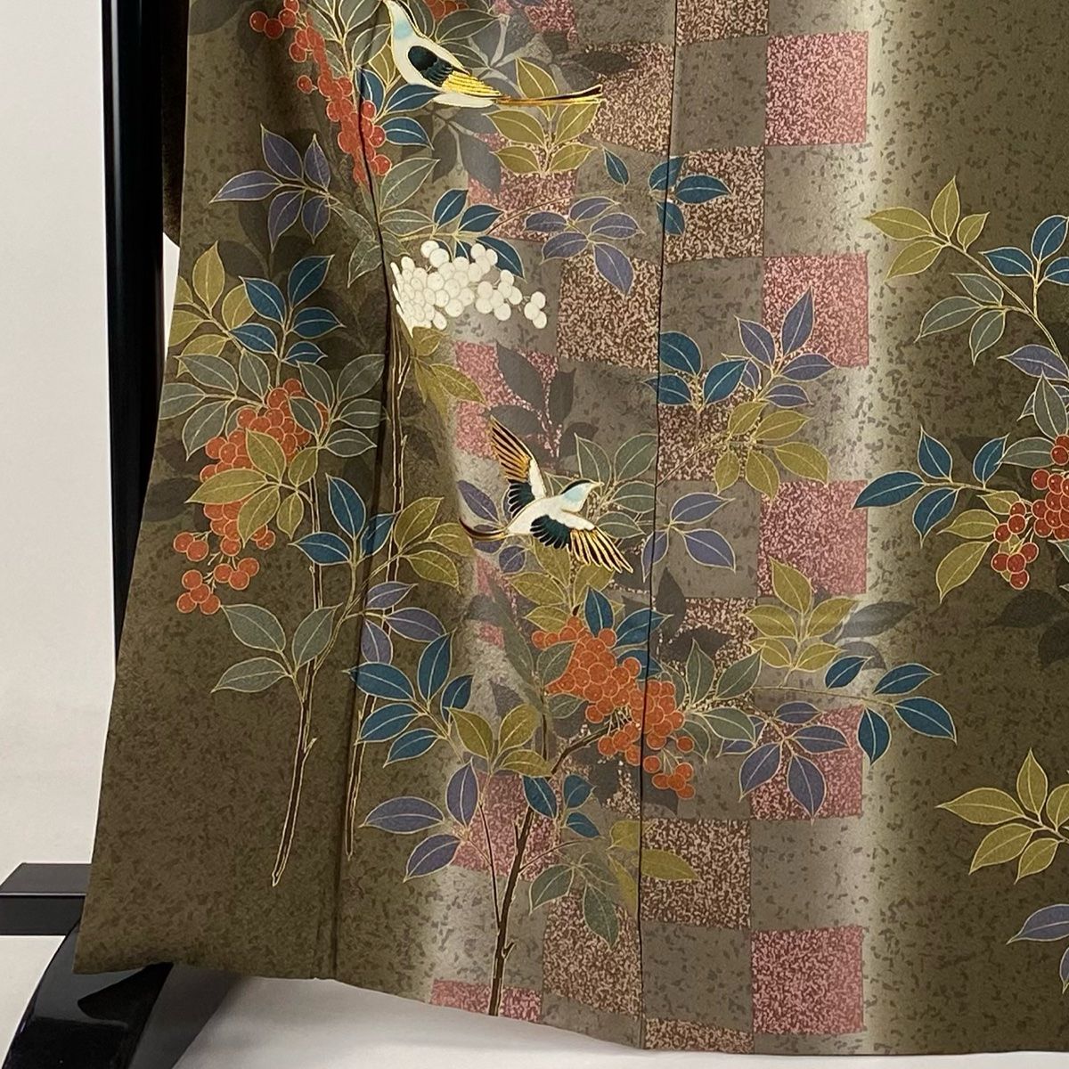 振袖 身丈165cm 裄丈65cm M 袷 南天 鳥 金糸 金彩 茶緑色 正絹 秀品