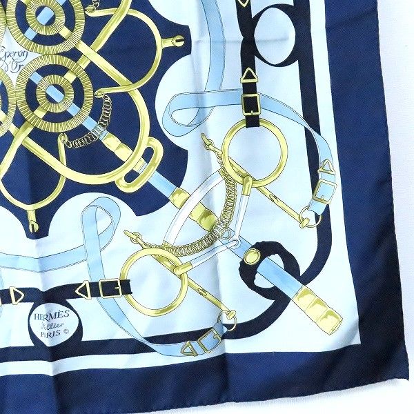 apzs エルメス HERMES カレ90 Eperon d'Or 黄金の拍車 スカーフ 紺
