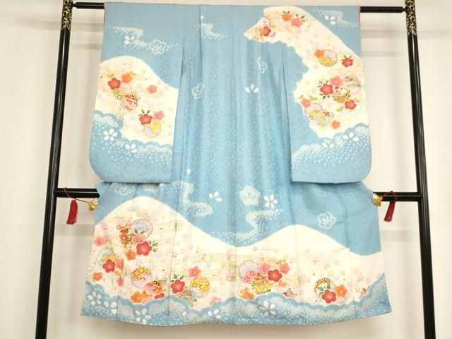 平和屋着物 七五三 女の子 ７歳 祝着 四つ身 駒刺繍 絞り 鈴雪輪花文 金彩 AAAT9962ja