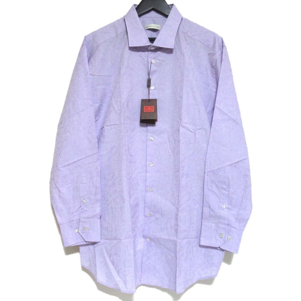 未使用 ETRO エトロ ペイズリー×ストライプ柄 ジャガード ワイドカラー ロングスリーブ 長袖 シャツ 47サイズ ラベンダー メンズ 古着 中古 USED