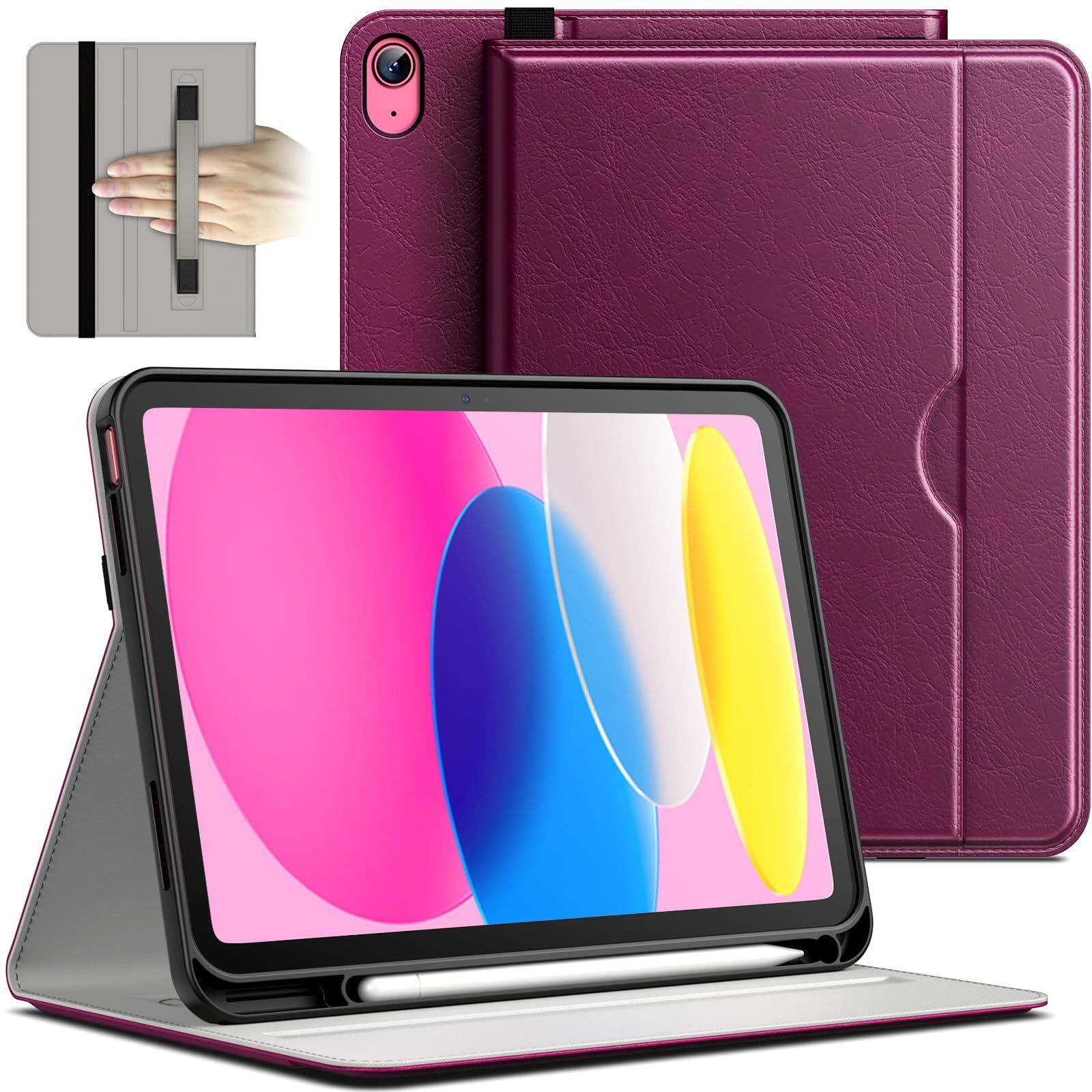 【数量限定】PUレザー ビジネスフォリオ (10.9インチ、2022モデル、第10世代用) タブレット保護カバー ケース Pencilホルダーとポケット付き 10 マルチアングルの視聴 iPad (ローズ・パープル) JEDir