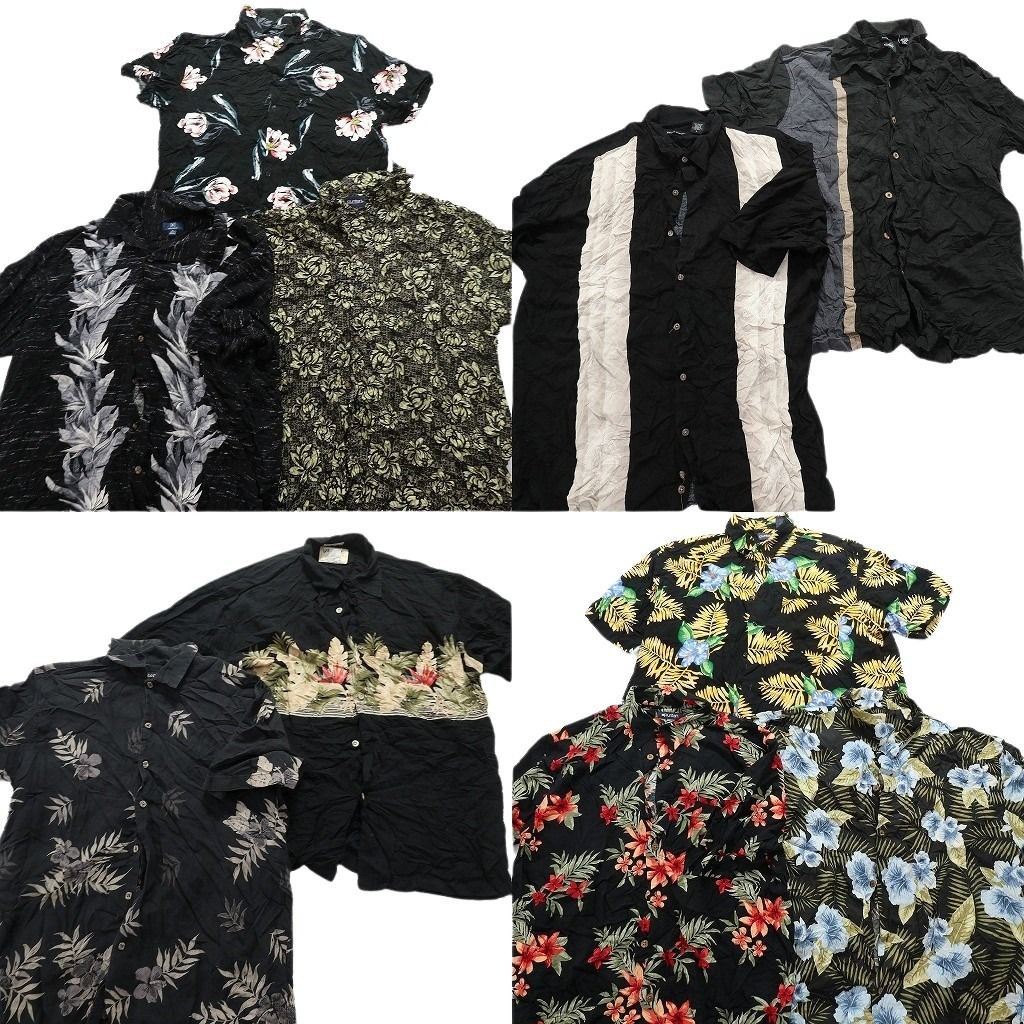 古着卸 黒ボディ アロハシャツ 半袖シャツ 10枚セット メンズ L |XL ハイビスカス リーフ柄 ボックスシルエット 古着 NA3265