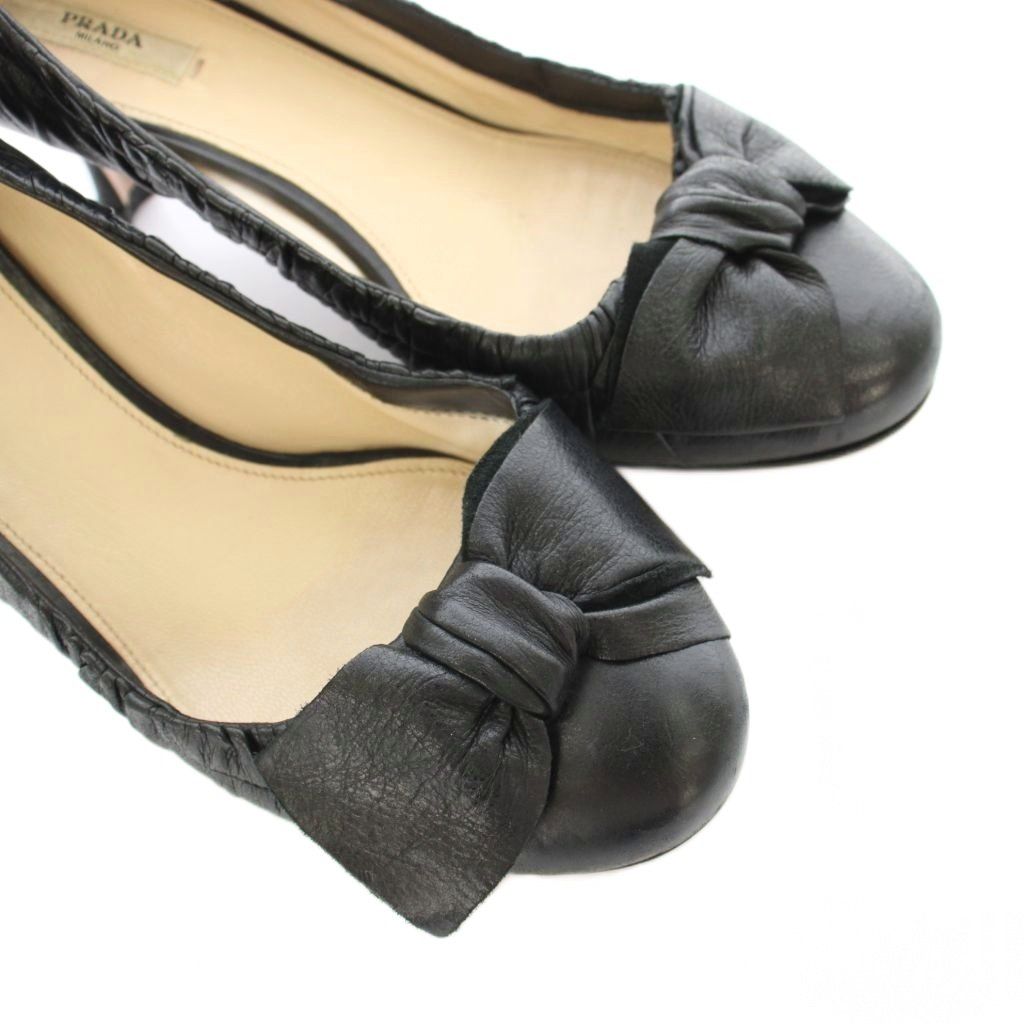 プラダ PRADA パンプス ラウンドトゥ レザー リボン 38 黒