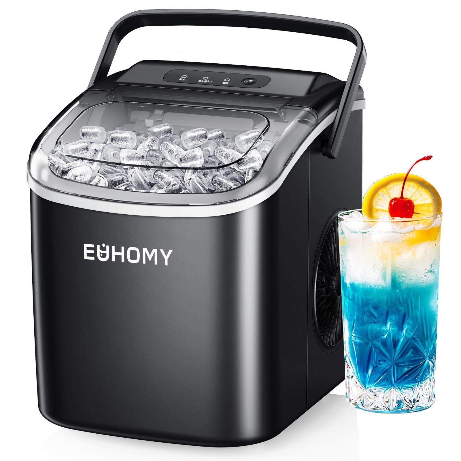 EUHOMY 製氷機 家庭用 最速6分9個 ハンドル付き コンパクト 日本語パネル 小型 ミニ 透明窓 軽量 12kg 静音 自動停止 ふたり暮らし用 氷つくり機 日本語取扱説明書付き ブラック