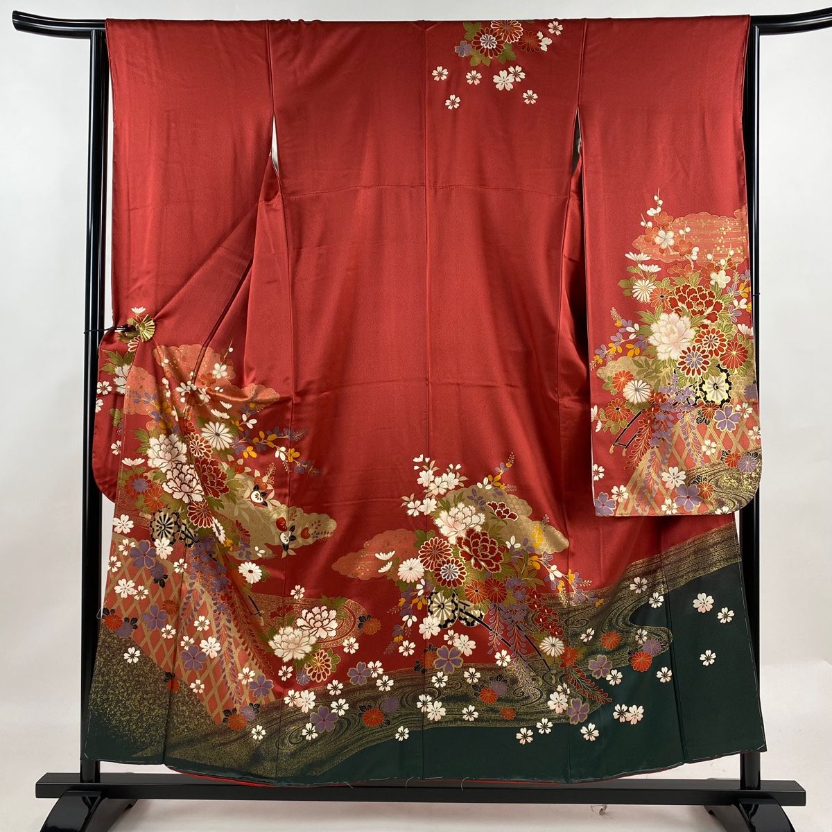 振袖 身丈155.5cm 裄丈64cm M 袷 花車 雲文 金彩 染め分け 赤 正絹 秀品
