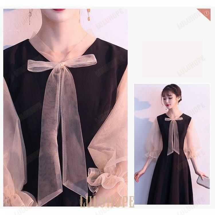 ドレス 大人 ピアノ 発表会 黒 リボン 透明感あり ロングドレス 演奏会 袖付き ロングドレス 母親 結婚式 おしゃれ ドレス ワンピース パーティード