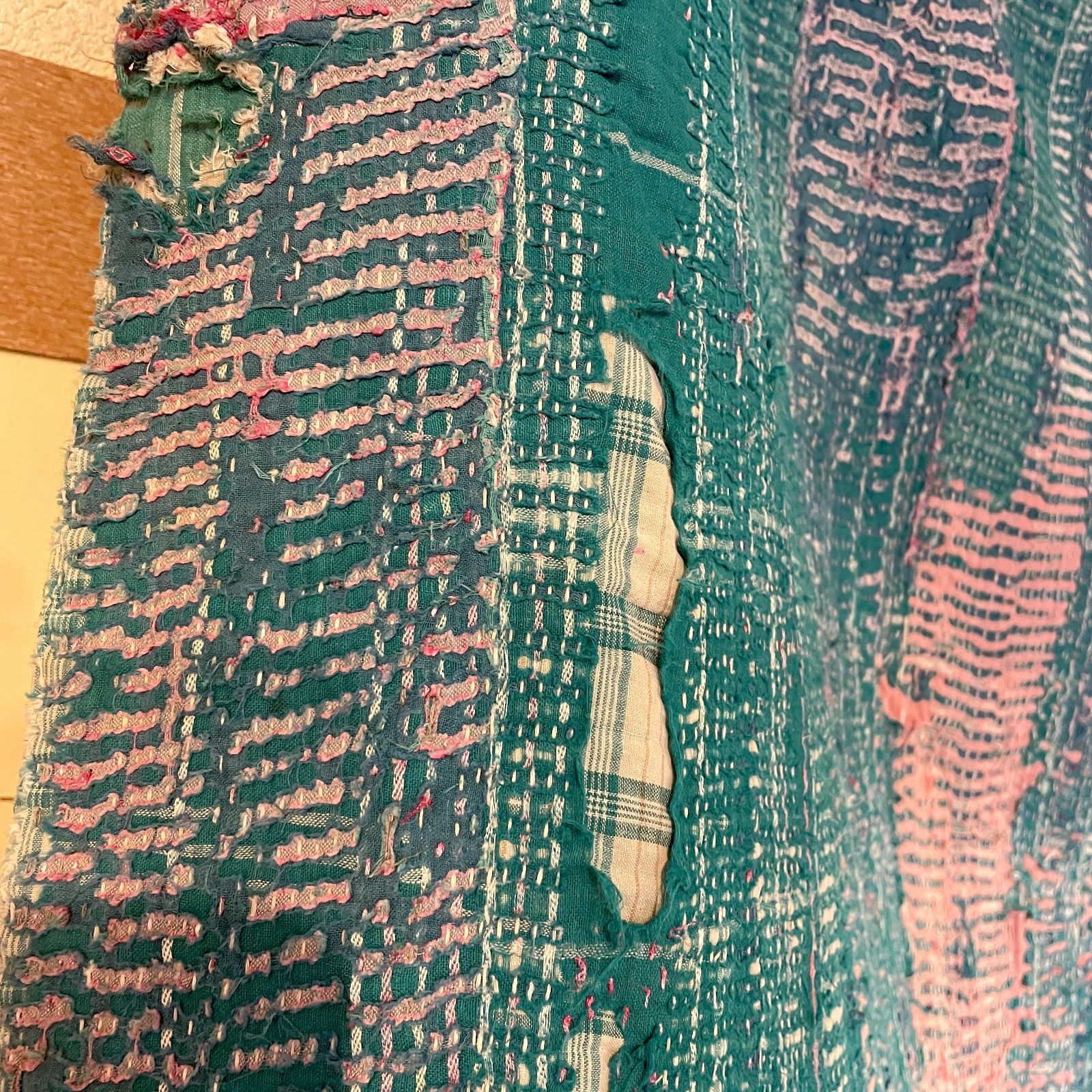 訳ありインド製ヴィンテージカンタラリーキルト グリーンマルチカバー