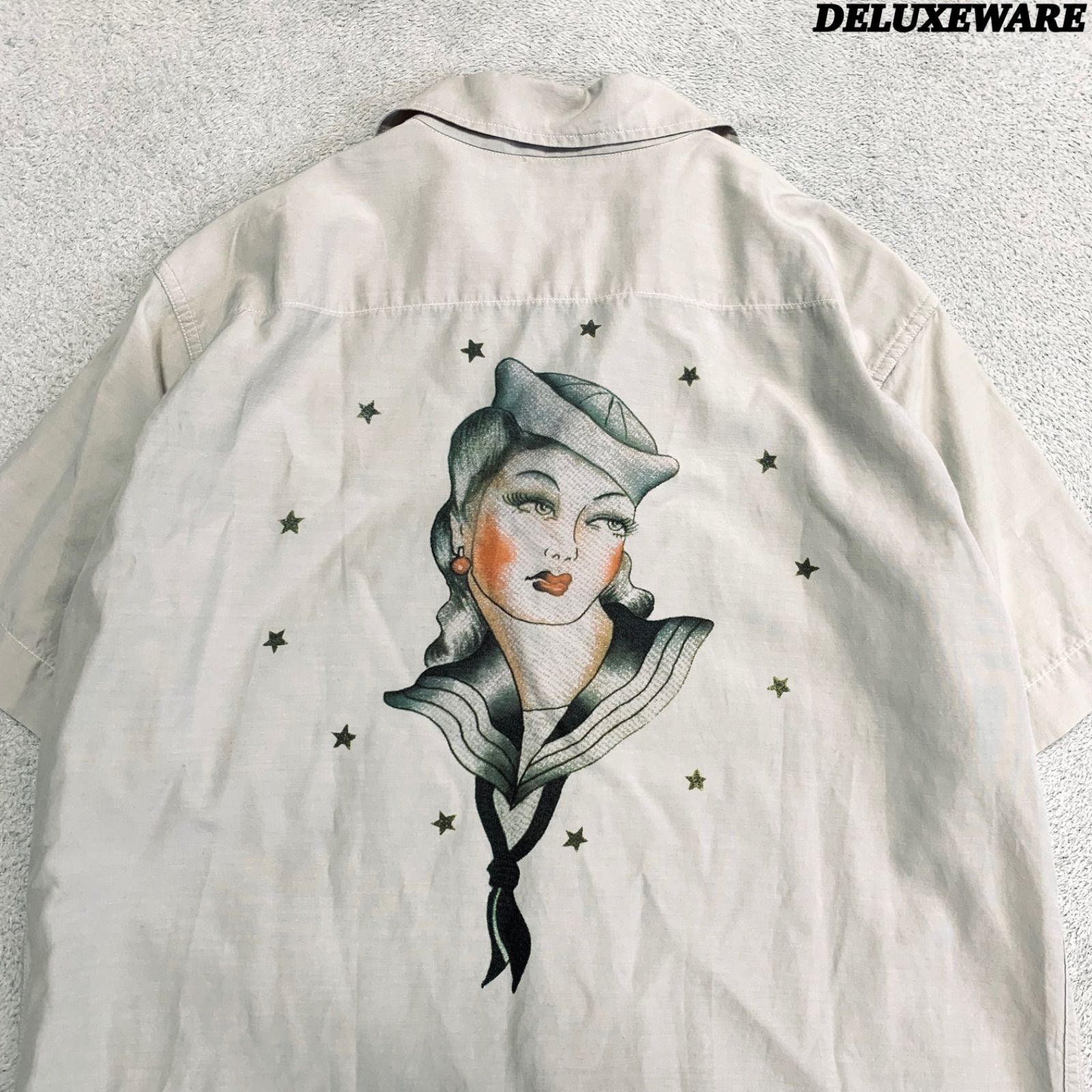 DELUXEWARE HAWAIIAN SHIRT AL-03 VINTAGE ART ハワイアンシャツ アロハシャツ オープンカラー 開襟 ヴィンテージアート セクシープリント ピンナップガール ショートスリーブ 半袖 Sサイズ アイボリー デラックスウエア