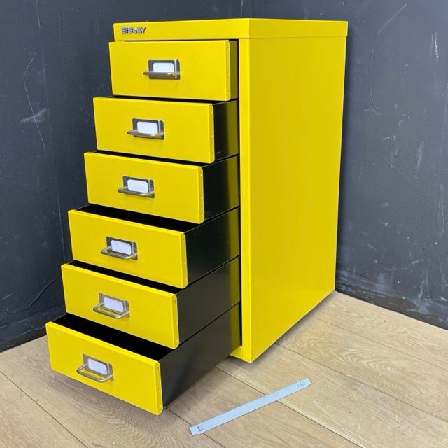 BISLEY キャスター付 6段引出し キャビネット 【中古】 ビスレー 書類収納ケース イエロー オフィス/57781
