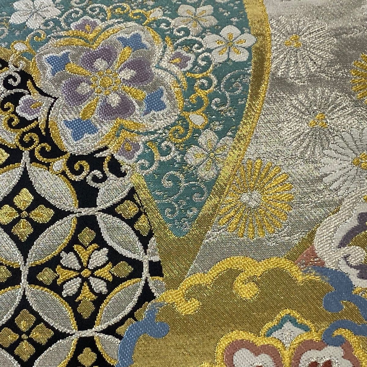袋帯 美品 秀品 華文 七宝 金銀糸 箔 黒 六通 正絹 【中古