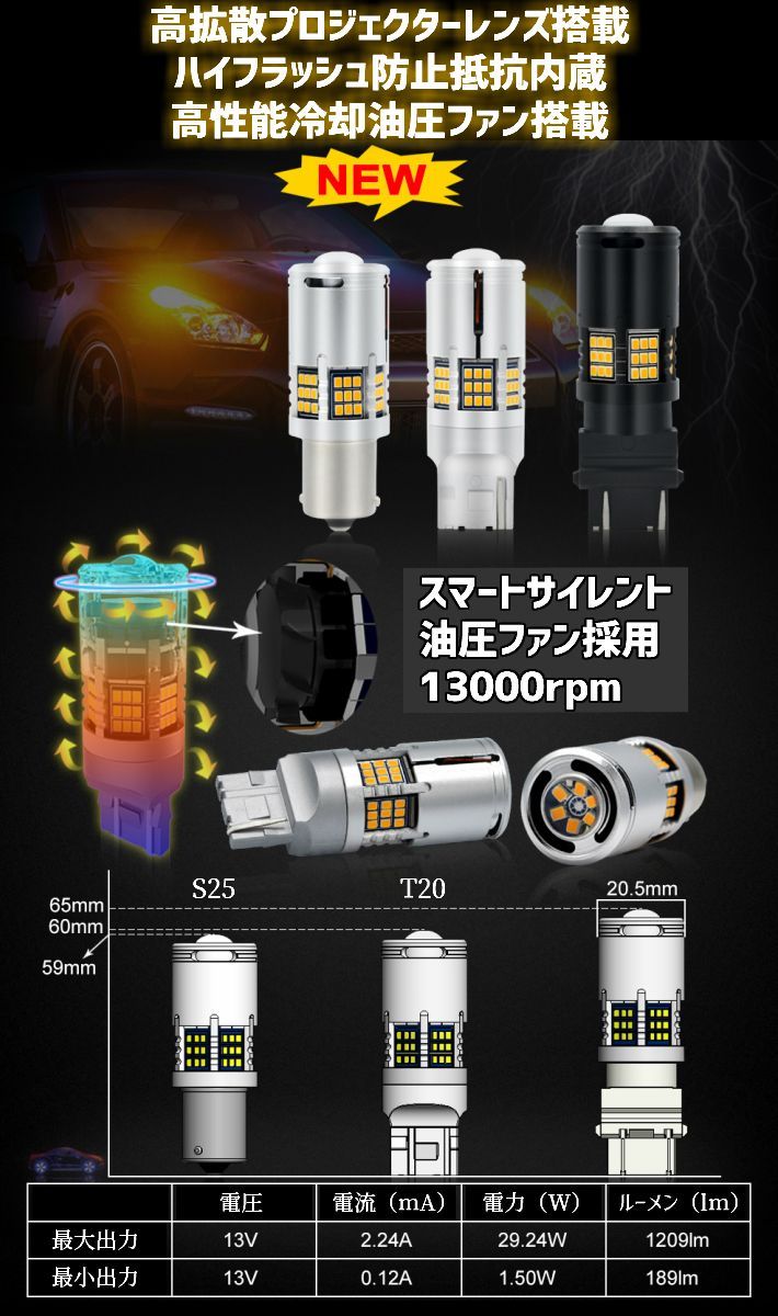 T20 LED ウインカー 抵抗内蔵 業界初油圧ファン ハイゼットカーゴ【HIJET CARGO】 S3#1V H29.11 ～ LED装着車 用 車種別設定 リア用セット 取付簡単 純正球と交換だけ