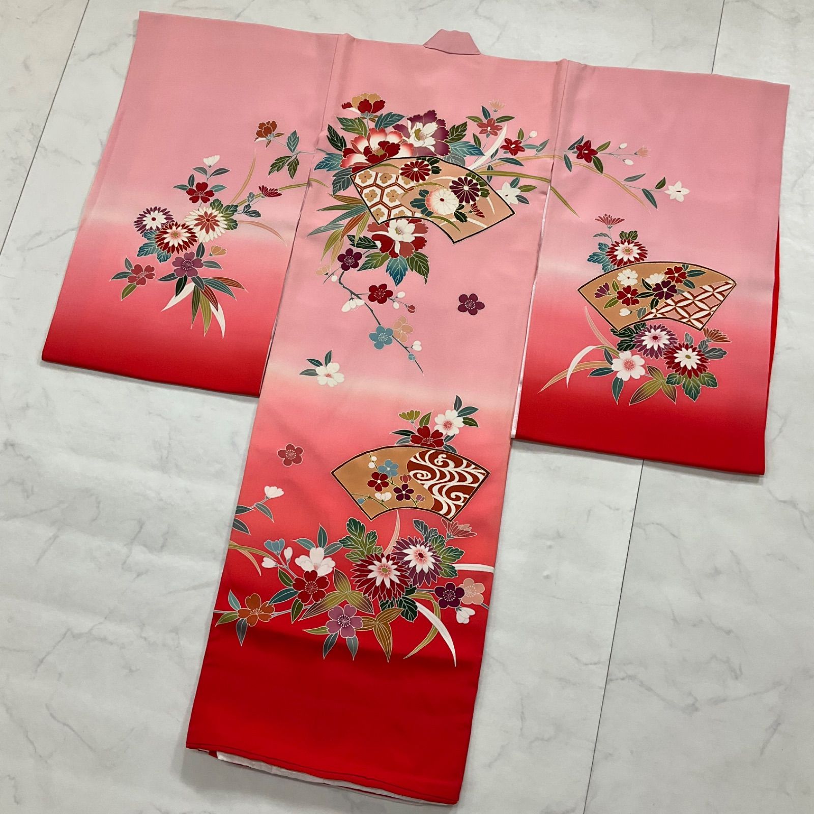 ◆kimono+one◆美品◆産着◆お宮参り◆手描き友禅◆長襦袢付き◆ピンク◆子供着物◆七五三◆女の子◆七五三お詣り女の子着物こどものひお正月卒業式十三詣り◆U44