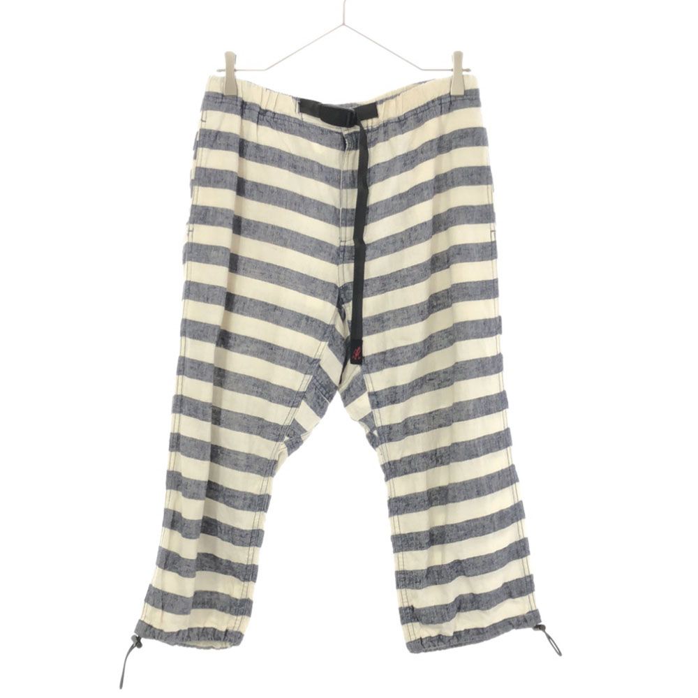 グラミチ ビームス リネンブレンド ボーダー シャンブレー クロップドパンツ M ホワイト×ブルー Gramicci BEAMS アウトドア メンズ