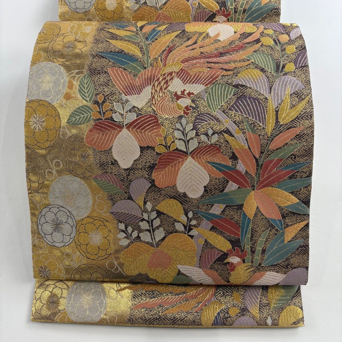 袋帯 秀品 彩華絢麗文 彩園 花鳥 金糸 箔 金色 六通 正絹