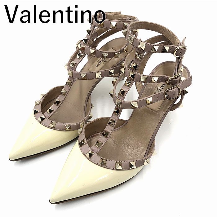 ヴァレンティノ Valentino ロックスタッズ アンクルストラップパンプス エナメル アイボリー くすみピンク - メルカリ