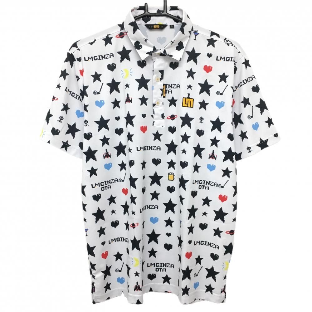 値下げ【超美品】ラウドマウス 半袖ポロシャツ 白×ダークネイビー 総柄 星 ハート ロゴ刺しゅう メンズ L ゴルフウェア LOUDMOUTH