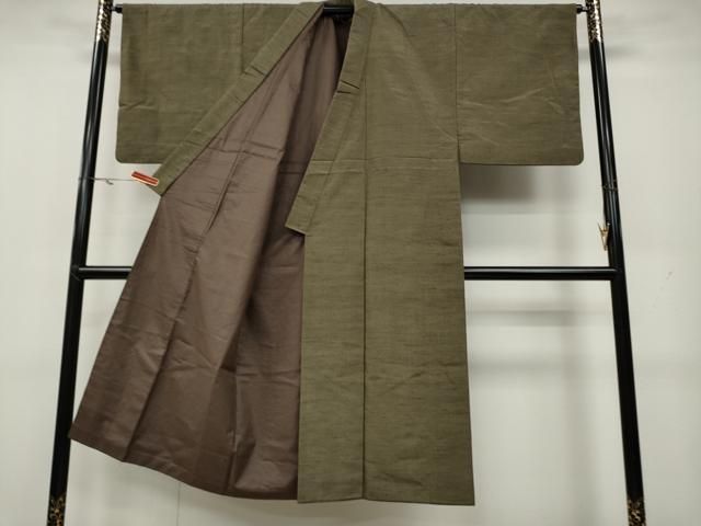 平和屋着物●男性 紬 髭紬羽織セット 鶸茶色 正絹 CAAX4538ut