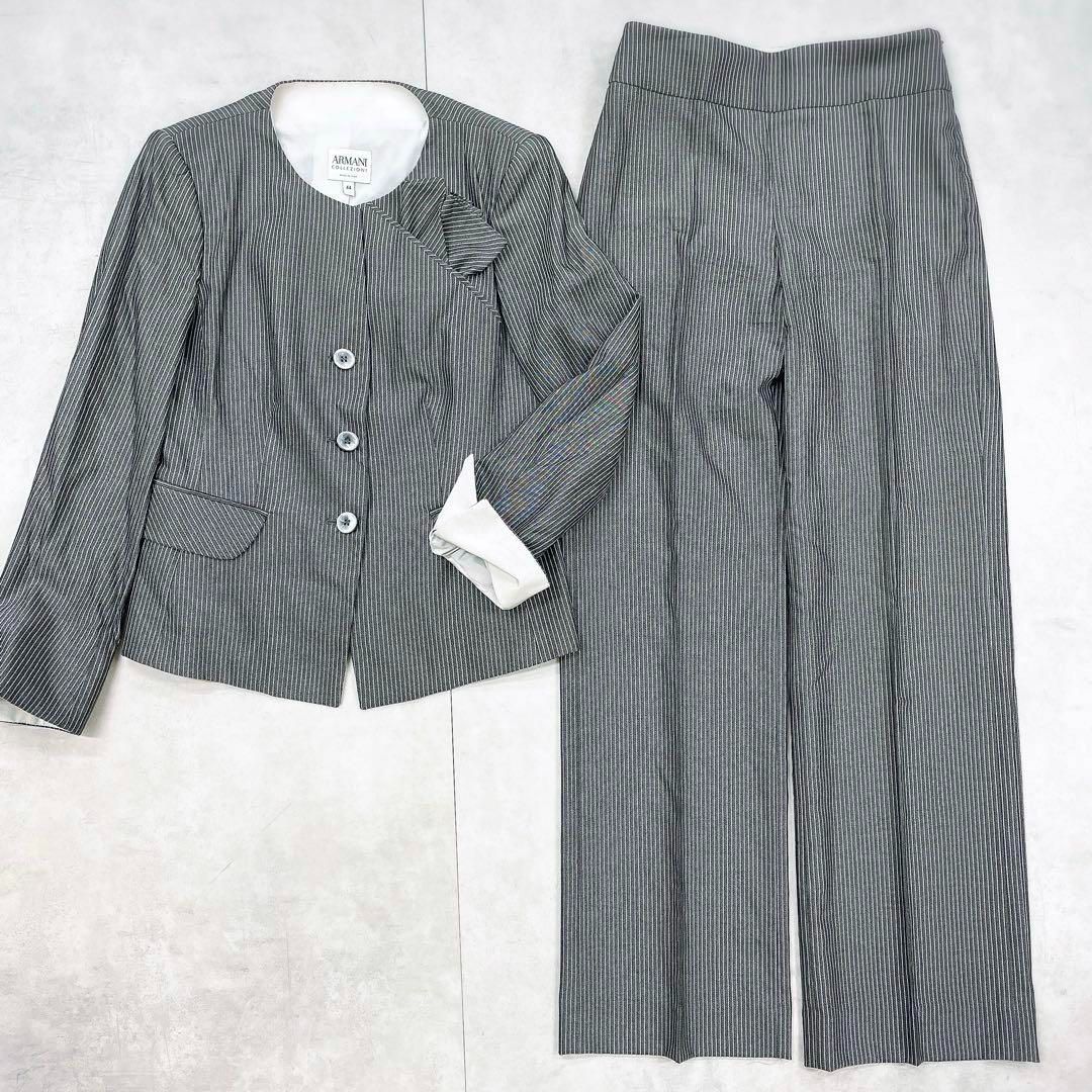 ARMANI COLLEZIONI アルマーニ コレツォーニ ストライプ柄 セットアップ ノーカラージャケット ワイドパンツ グレー 44 ウール レーヨン コットン シルク