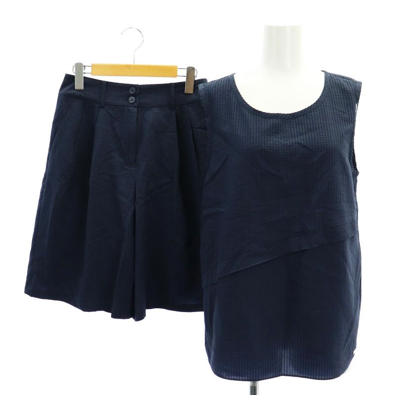 アルマーニエクスチェンジ A|X ARMANI EXCHANGE シアサッカーセットアップ 上下 ブラウス ノースリーブ ハーフパンツ フ タック USA S 紺 ネイビー |CX OS PN