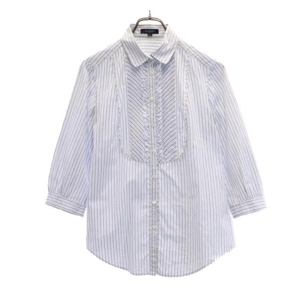 バーバリー 日本製 ピンタック ストライプ 七分袖 シャツ 40 ブルー系 BURBERRY レディース 【中古】  【230820】 メール便可