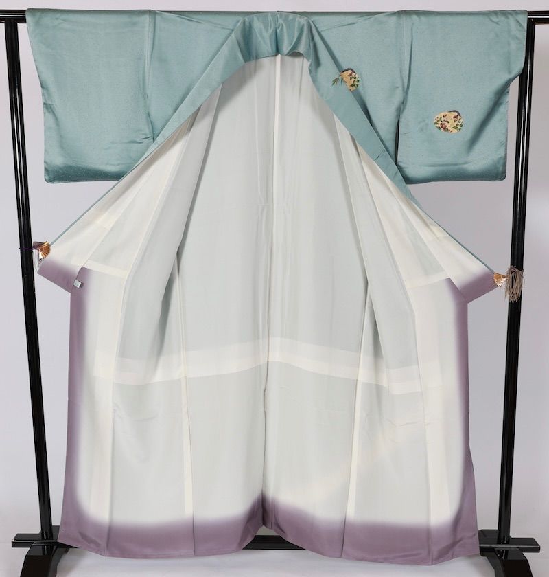 訪問着 ブルーグレー ゴールド 紫 グリーン 白 茶 貝合わせ 花 波 T514  