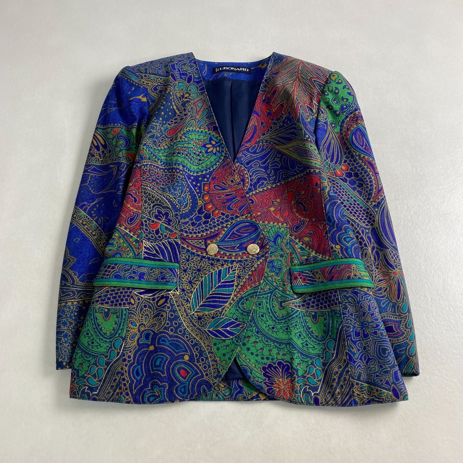 LEONARD レオナール ノーカラー ジャケット ペイズリー柄 LEONARD