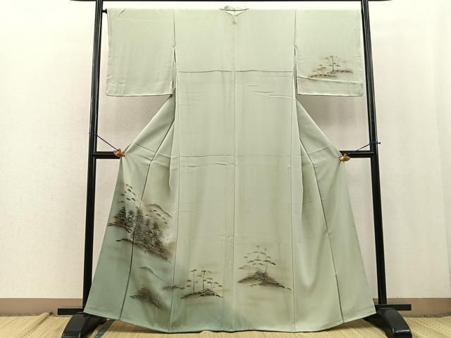 平和屋着物▽訪問着　単衣　紬地　手描き　樹林文　金銀彩　正絹　逸品　CAAT9386dy 平和屋着物▽訪問着 単衣 紬地 手描き 樹林文 金銀彩 正絹