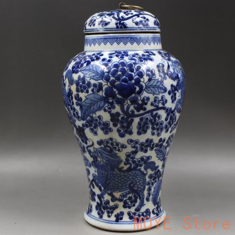 清同治青花穿花麒麟紋茶蓋缶 景徳鎮 陶磁器 装飾品 現代工芸品 美術品