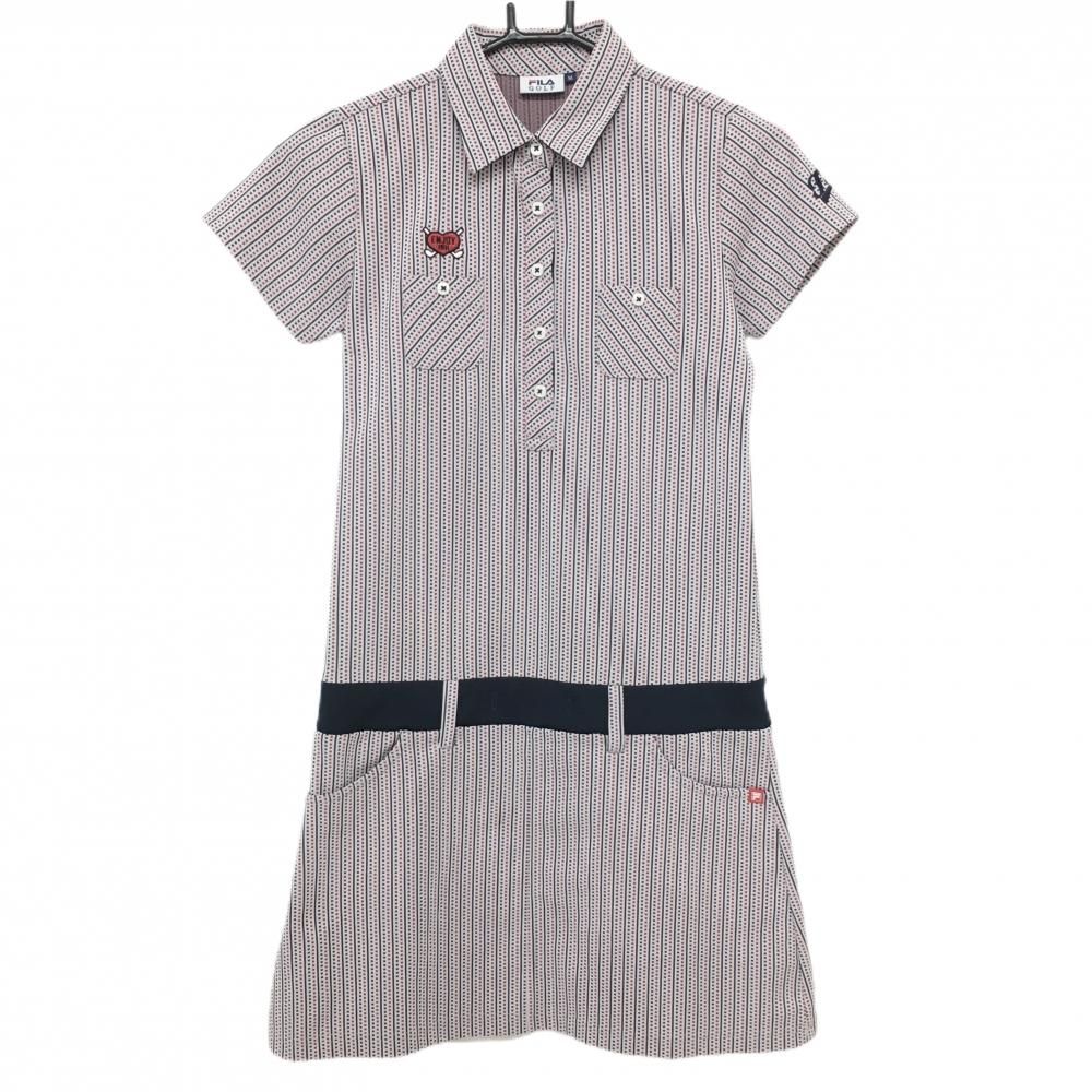 FILA GOLF 半袖 ストライプ デザイン ポロ ワンピース ゴルフウェア 美品】フィラゴルフ 半袖ポロワンピース ネイビー×レッド