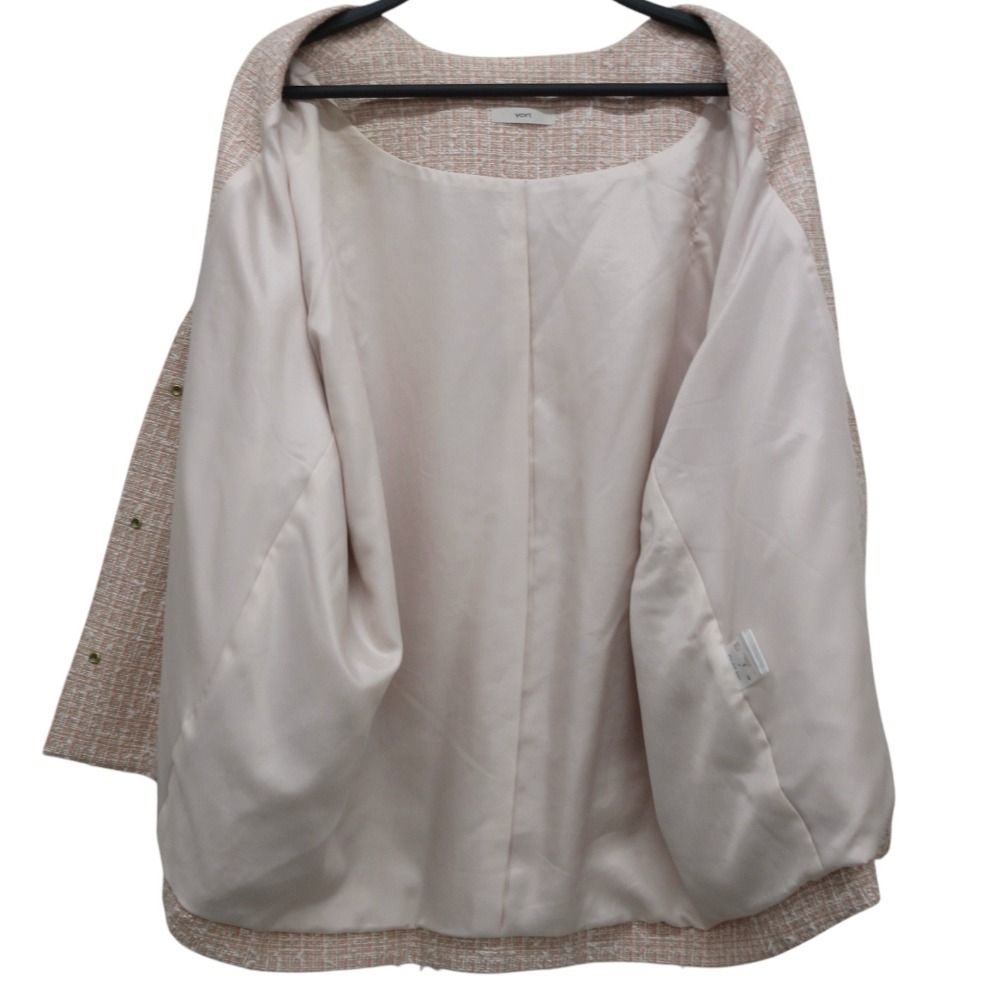 良品 23SS yori ヨリ ウール ミックスツイード ノーカラージャケット サイズF ピンクベージュ レディース 古着 中古 USED 良品 23SS yori ヨリ ウール ミックスツイード ノーカラー