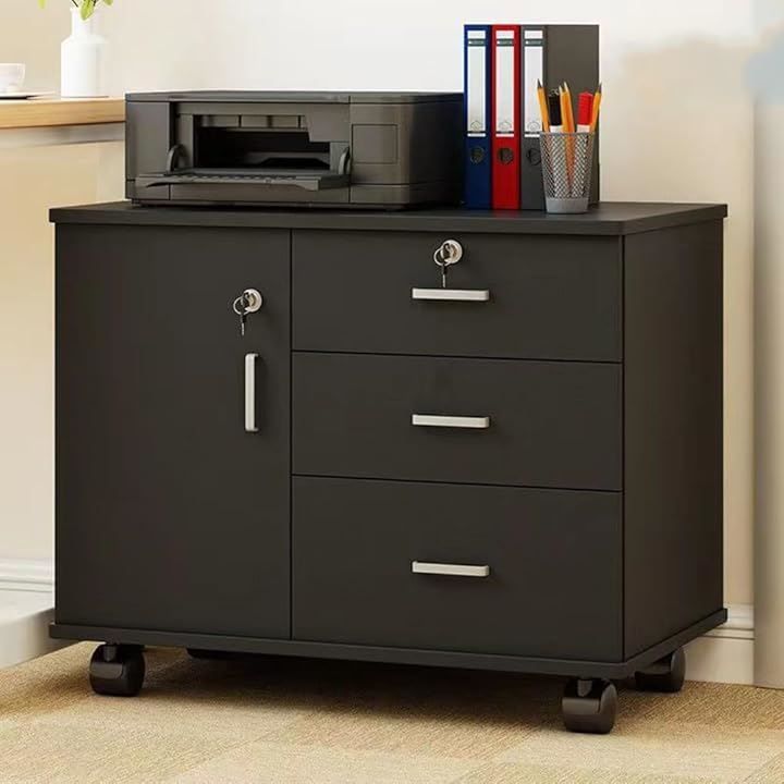 QD-WST デスクワゴン サイドワゴン キャビネット オフィスワゴン 幅70cmx奥行き40cmx高さ57cm 完成品 組み立て不要 木製 引き出し 鍵付き 自在キャスター付き ブラック 40奥行き x 70幅 x 57高さ cm